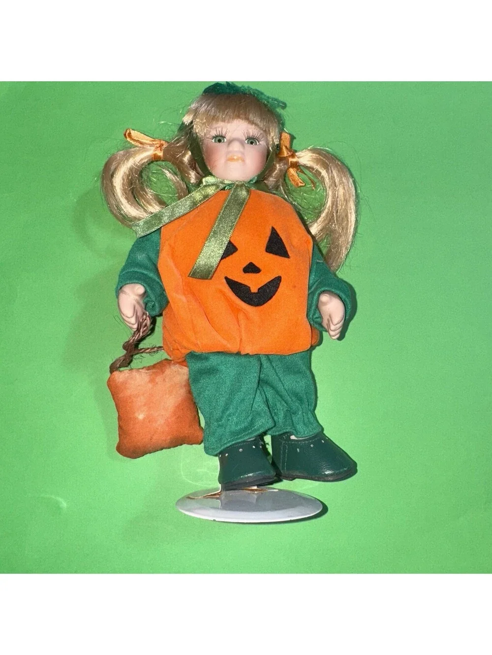 Vintage Blonde Porcelain Doll Pumpkin Costume Halloween Trick or Treat 9”